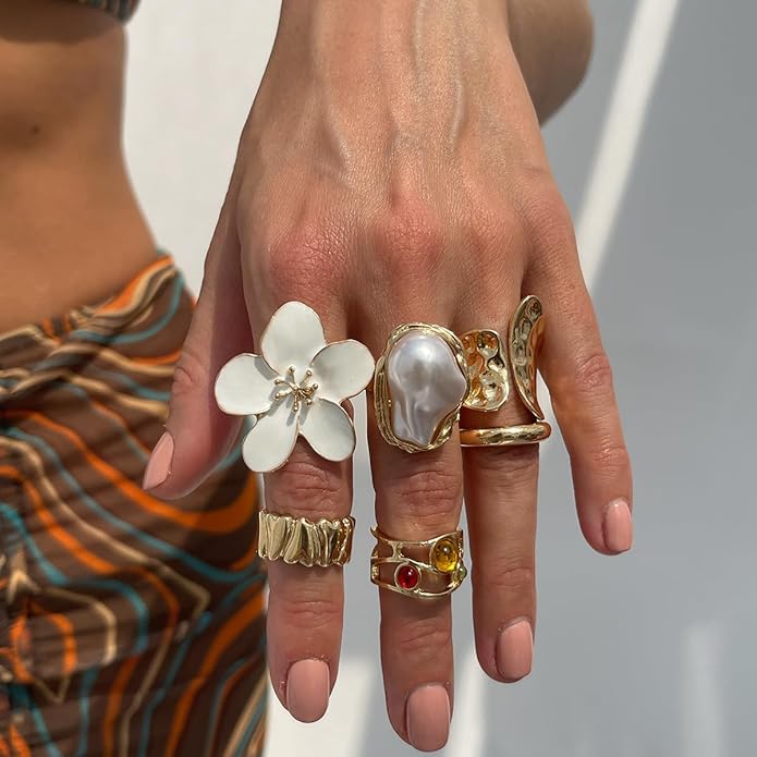 CJIAYUJEW Chunky Gold Flower Rings Pearl Stacking Statement Rings for Women Silver Chunky Knuckle Ring Set Adjustable Pearl Finger Ring Sets