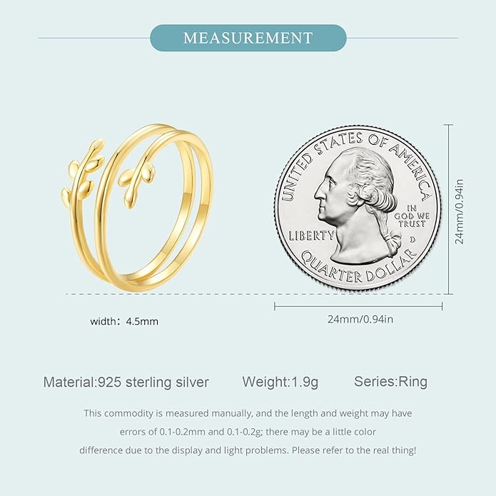 MUNDELL 925 Sterling Silver Simple Multi-layer Leaf Adjustable Ring Green Lucky Leaves Statement Ring for Women Promise Ring Fine Jewelry