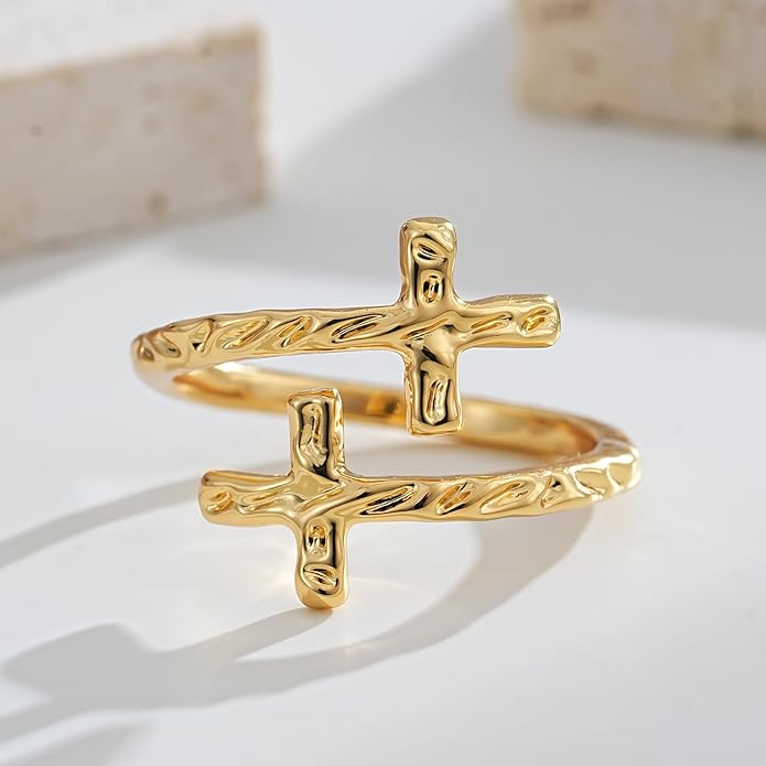 Cross Ring for Women 14 Gold Plated Hammered Texture Open Ring Size Adjustable Dainty Faith Christian Jewelry Gifts