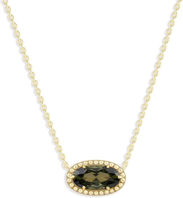 Belacqua Gemstone Necklace in 14K Gold Plated Sterling Silver, Oval Pendant Size 6 * 12mm, 15" Cable Chain with 2" Extender, Spring Ring Clasp, Dainty Birthstone Necklace for Women, Gift Box Included