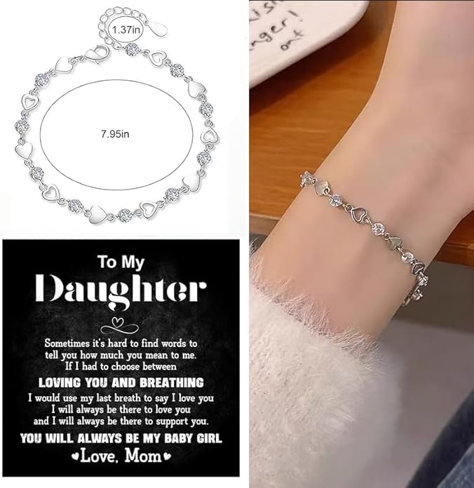 To My Daughter Bracelet, Silver Heart Chain Bracelet with Shiny Stones, Perfect Birthday or Graduation Christmas Gift for Daughter with Message Card Gift Box