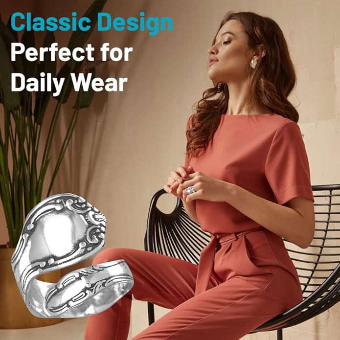 JewelryWeb - 925 Sterling Silver Oxidized Spoon Ring - Adjustable Sterling Silver Rings for Women - Boho Statement Jewelry - Handmade Wrap Ring