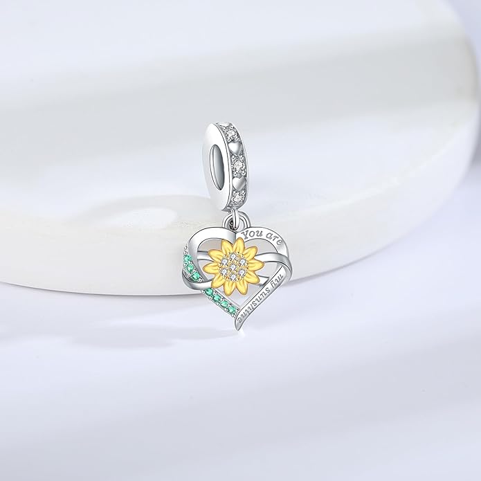 925 Sterling Silver Sunflower Charms Fit Pandora Charms Bracelet Forever In My Heart Fit Wife Mother's Day Christmas Birthday Gift