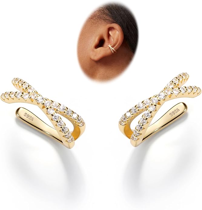 KRFY 2Pcs Adjustable Ear Cuff S925 Sterling Silver Ear Cuffs Non Piercing Cuff Earrings for Women 5A Cubic Zirconia Clip On Cartilage Helix Conch Fake Earrings Hypoallergenic