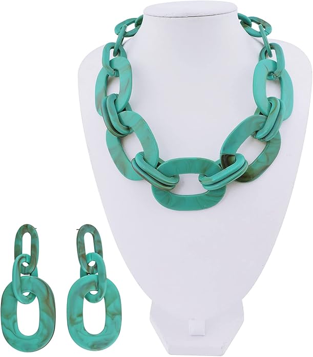 Bocar Acrylic Chunky Statement Necklace for Women Cube Link Chain Collar Necklace and Hoop Earrings Costome Jewelry Set