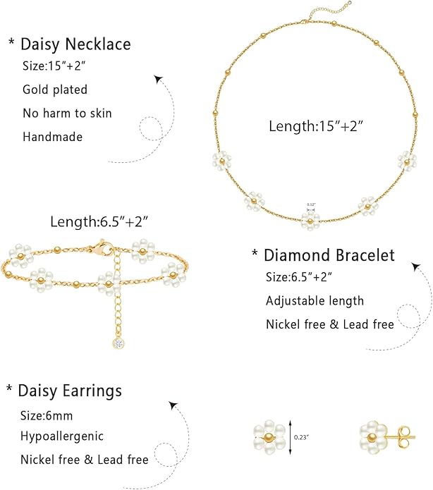 Zeffy Gold Pearl Necklace for Women, Dainty 14K Gold/Silve Plated Layered Pearl Choker Pearl Earrings Pearl Bracelets Wedding Trendy Gold Jewelry Set for Women Gifts