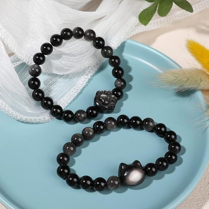Black Obsidian Cat Bracelet and Moon Pendant Necklace Jewelry Set-Cat Lover Gifts,Wealth Attraction,Good Luck,Bead Bracelet,Mindfulness,Beaded Bracelets, Obsidian Pendant Necklace-Cute Gifts for Women