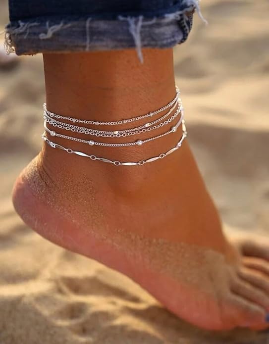 Anklets for Women 14K Gold Silver Plated Ankle Bracelets Trendy Waterproof Boho Anklets Set Adjustable Dainty Cute Diamond Beaded Heart Non Tarnish Summer Beach Jewelry Gift