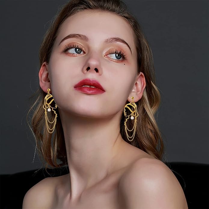 Unique Abstract Face Art Long Drop Dangle Earrings Dainty Hollow Gold Vintage Face Geometric Dangle Earrings Statement Jewelry for Women Girls