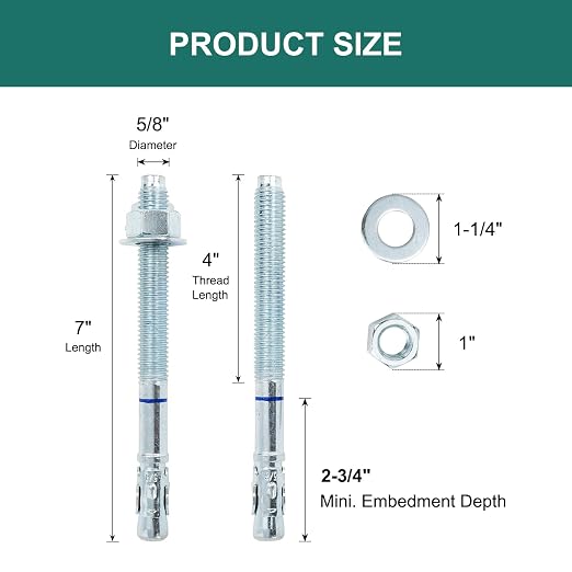 5/8" x 7" Concrete Anchors 5/8 inch Wedge Anchors Bolts Zinc Plated - Image 2