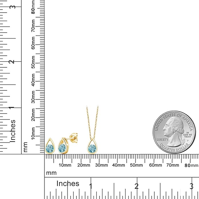 Gem Stone King 18K Yellow Gold Plated Silver 5MM Round Gemstone Birthstone Teardrop Pendant Earrings Set | Jewelry Set for Women | With 18 Inch Chain