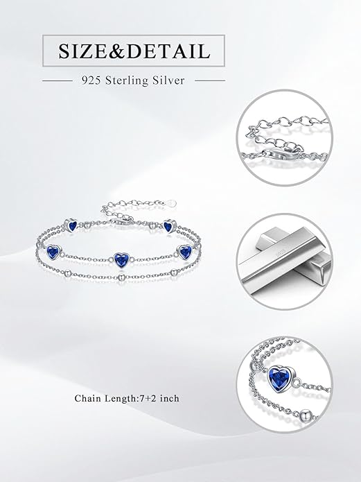 Birthstone Anklet/Bracelets for Women 925 Sterling Silver Charm Link Double Strand Heart Birthstone Jewelry Gift for Wife Women Mother's Day Gift