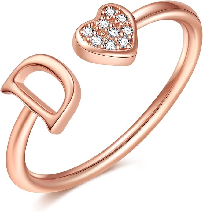 Valentines Day Gift Initial Rings for Teen Girls - S925 Heart Sterling Silver Rings for Teen Girls | 14K Gold/Rose Gold/Sterling Silver Plated Ring for Girls Kids Women Ring for Teenager Girls Gifts Adjustable, No Tarnish, Hypoallergenic