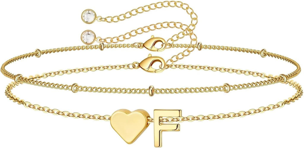 M MOOHAM Valentines Day Gifts for Kids Teen Girls -14K-Gold-Plated Heart Initial A-Z Bracelets for Women Girl Dainty Gold Bracelets Birthday Valentines Gifts for Women Her Teenage Girls Kid Teen Gift
