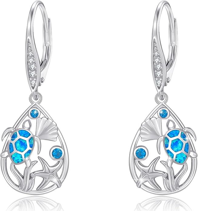Turtle Earrings for Women S925 Sterling Silver Hawaii Blue Opal Sea Starfish Dangle Earring Tortoise Drop Animal Statement Ocean Summer Beach Vacation Jewelry Mothers Day Christmas Gift