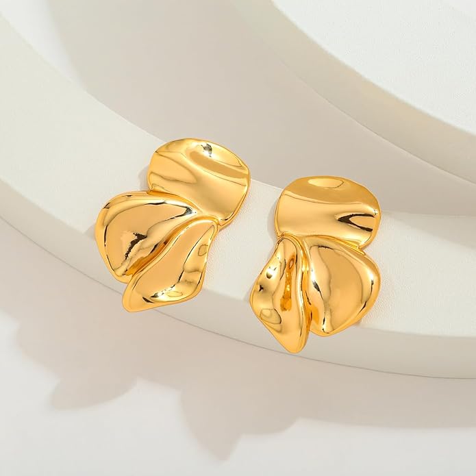 Chunky Gold Statement Earrings For Women Gold Plated Sectored Flower Leaf Shell Angel Wing Earrings Trendy Boho Jewelry For Women Large Stud Earrings Hypoallergenic Earrings
