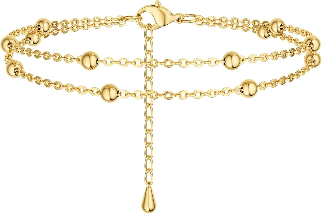 DEARMAY Dainty 14K Gold Plated Ankle Bracelets for Women, Waterproof 14K Gold Plated Link Chain Anklets Non Tarnish Set Pack Summer Beach Jewelry Gift