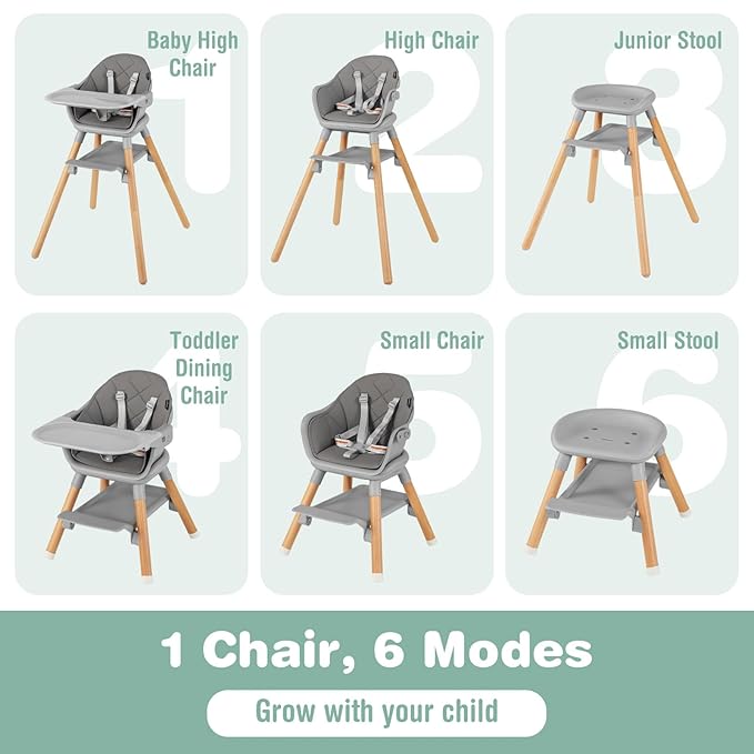 BABY JOY Baby High Chair, 6 in 1 Convertible Wooden Highchair for Babies & Toddlers with Adjustable Legs, Removable Double Tray, Safety Harness & Waterproof PU Cushion (Gray)