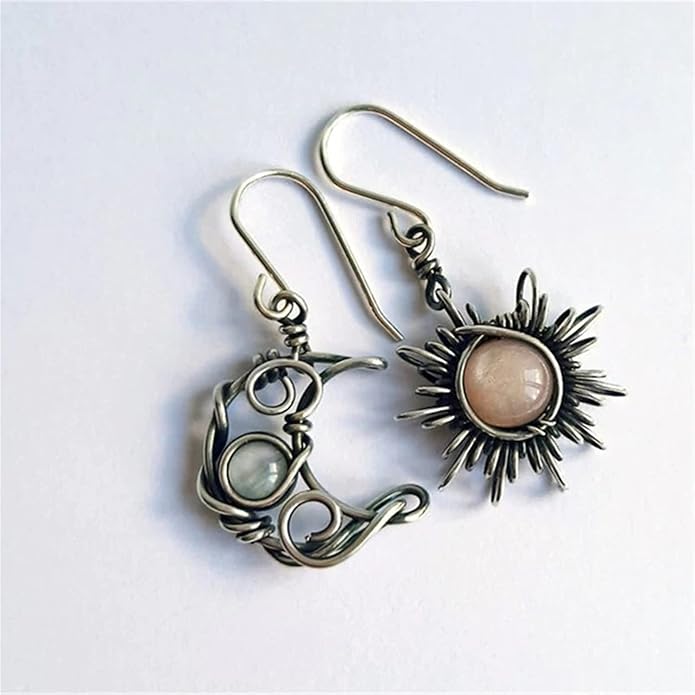 ANDPAI Unique Chic Abstract Hollow Black Vintage Silver Asymmetry Moon Star Sun Dangle Drop Earrings Black Moonstone Moon Hypoallergenic Earrings for Women Statement Jewelry Gifts