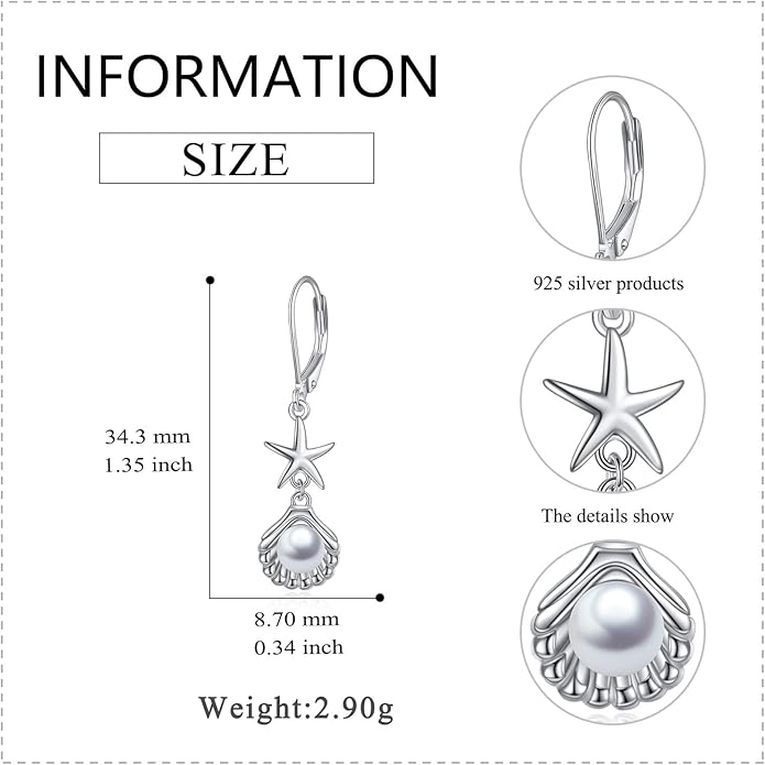 VONALA Silver/Gold Seashell Pearl Dangle Earrings 925 Sterling Silver Beach Drop Dangle Earrings Starfish Leverback Earrings Ocean Jewelry Gifts for Women