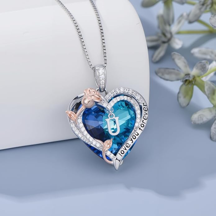 PELOVNY Rose Heart Initial Necklaces for Women S925 Sterling Silver Alphabet Letter Crystal Necklace Initial Pendant Jewelry Gifts for Mom Daughter Wife