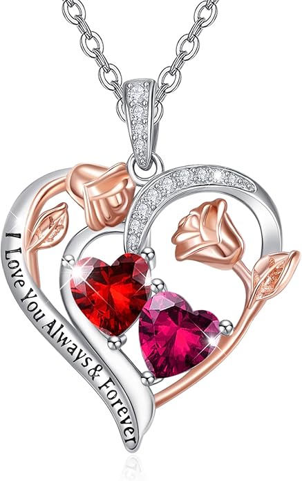 Valentine's Day Gifts for Wife 925 Sterling Silver Double Birthstone Pendant Necklaces I Love You for Always and Forever Necklace Anniversary Birthday Gifts for Wife Girlfriend Mom Her