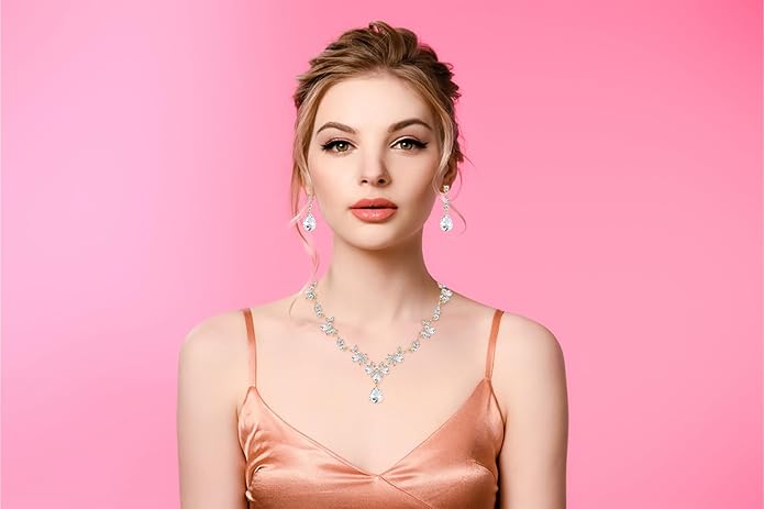 Bridal Wedding Elegant Floral Jewelry Set for Women/Brides/Bridesmaids Crystal Jewelry Set for Wedding Prom Party Bridal Crystal Necklace Earrings Bracelet Set
