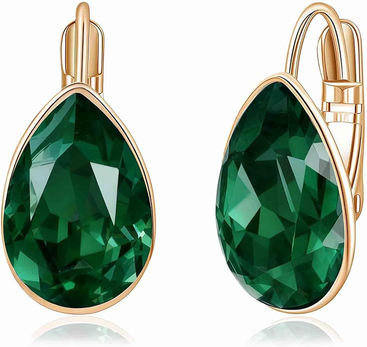 Teardrop Austrian Crystal Leverback Drop Earrings for Women 14K Rose Gold Plated Hypoallergenic Jewelry
