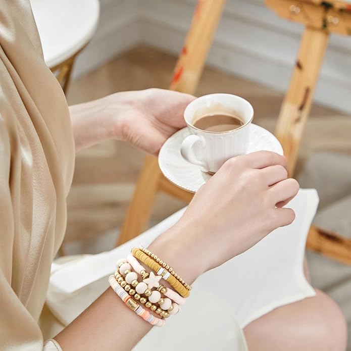 GOOJIDS Surfer Heishi Clay Bead Bracelets for Women Bohemian Stackable Gold Plated Beaded Stretch Bracelets Elastic Layering Friendship Bracelets Set Boho Jewelry