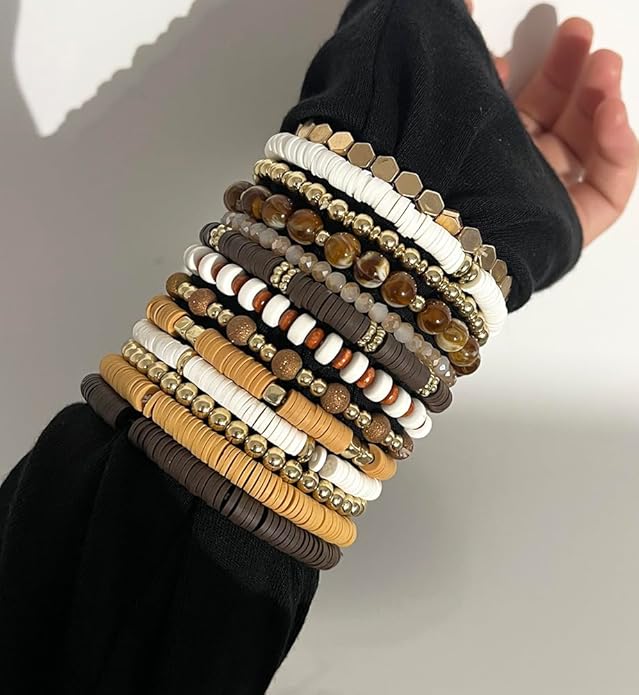iF YOU 13pcs Heishi Clay Beaded Stretch Bracelets for Women, Boho Gold Surfer Stackable Bracelet Stacks White Brown Black Beach Jewelry