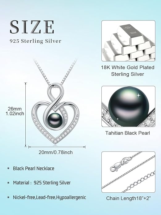 Tahitian Black Pearl AAAA 18K White Gold Plated Sterling Silver Heart Pendant Necklace for Women Wife Mom Girlfriend Valentine Her Jewelry Gift for Anniversary Birthday Christmas