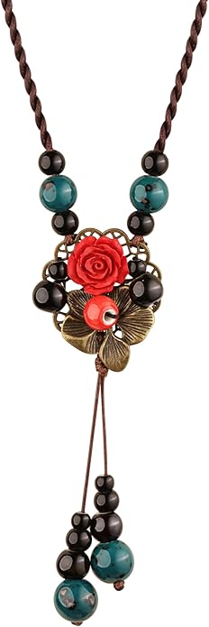 MINACHI Vintage Bohemian Colorful Ceramic Bead Antique Flower Y Necklace, Vintage Boho Hippie Statement Jewelry Gift for Women