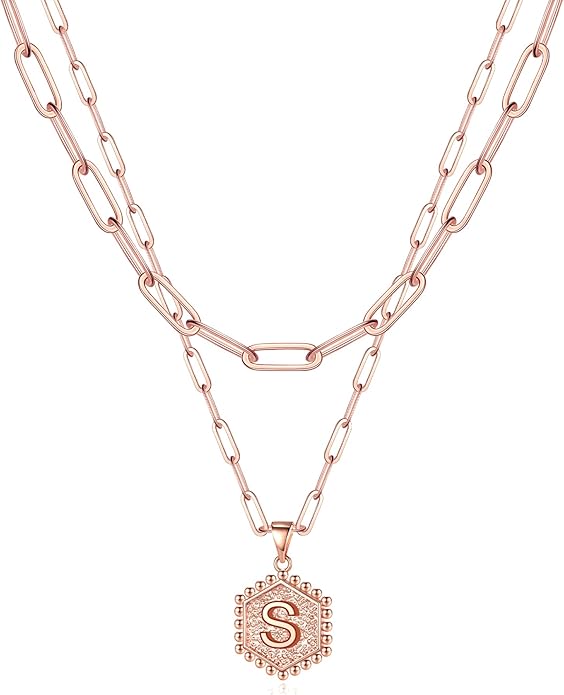 M MOOHAM Valentines Gifts for Women Teen Girls, 14K-Gold-Plated Initial Necklaces for Women Cute Hexagon Letter Initial Necklace Layered Necklaces for Womens Teen Girl Valentines Jewelry Gifts