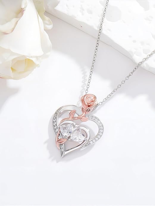 Rose Flower Heart Pendant for Women Birthday Gifts 18k Gold Plated Mother Daughter Necklace with 12 Months Birthstone Christmas Valentines Day Gifts for Her Mom Anniversarry Jewelry for Mom Wife Girlfriend