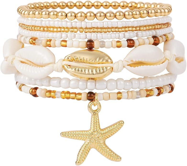 Shell Bracelet Seashell Boho Beaded Stretch Bracelets for Women Summer Beach Bracelets Starfish Charm Bracelet Stackable Gold Plated Bracelets Set for Women