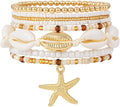 Shell Bracelet Seashell Boho Beaded Stretch Bracelets for Women Summer Beach Bracelets Starfish Charm Bracelet Stackable Gold Plated Bracelets Set for Women
