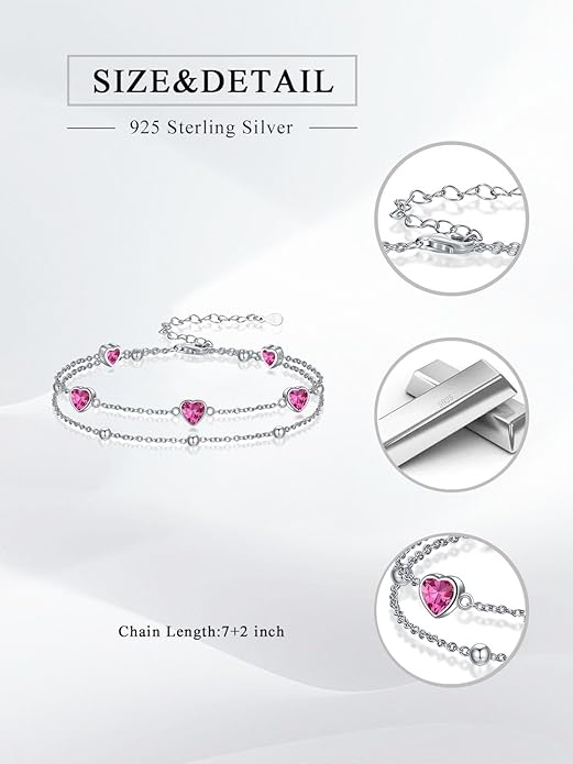 Birthstone Anklet/Bracelets for Women 925 Sterling Silver Charm Link Double Strand Heart Birthstone Jewelry Gift for Wife Women Mother's Day Gift