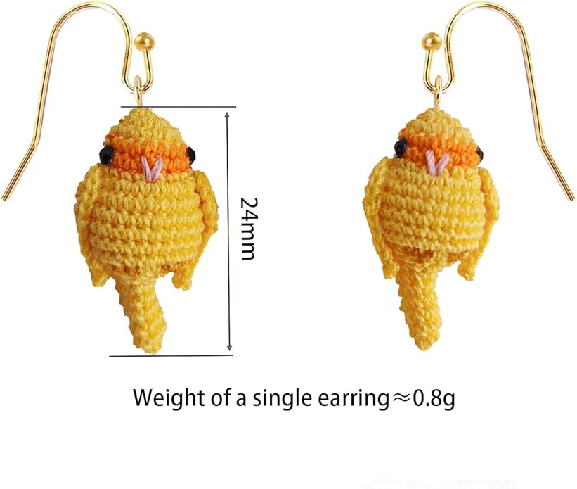 Hand-crocheted yellow and blue parrot earrings, miniature crocheted artistic cute playful parrot gifts accessories