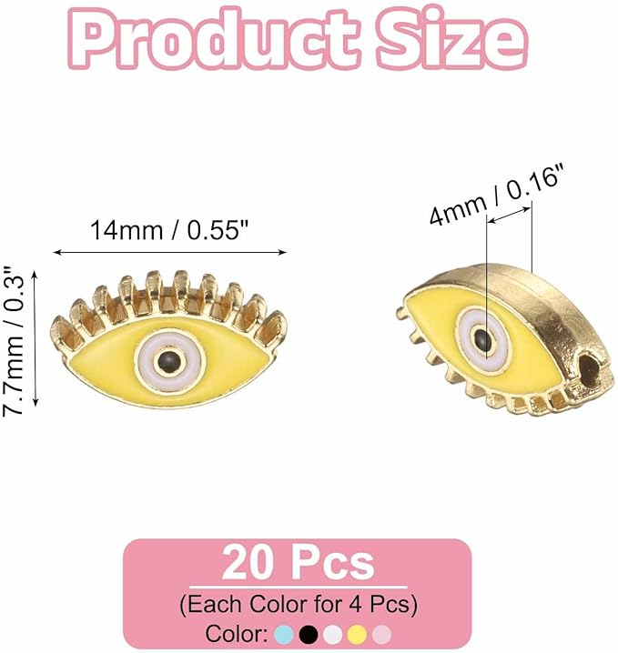 MECCANIXITY 20 Pcs Eye Shaped Evil Eye Beads Colorful Flat Loose Spacer Evil Eye Charms for DIY Bracelet Earrings Necklace Crafts Jewelry Making, Pink/Sky Blue/Yellow/Black/White