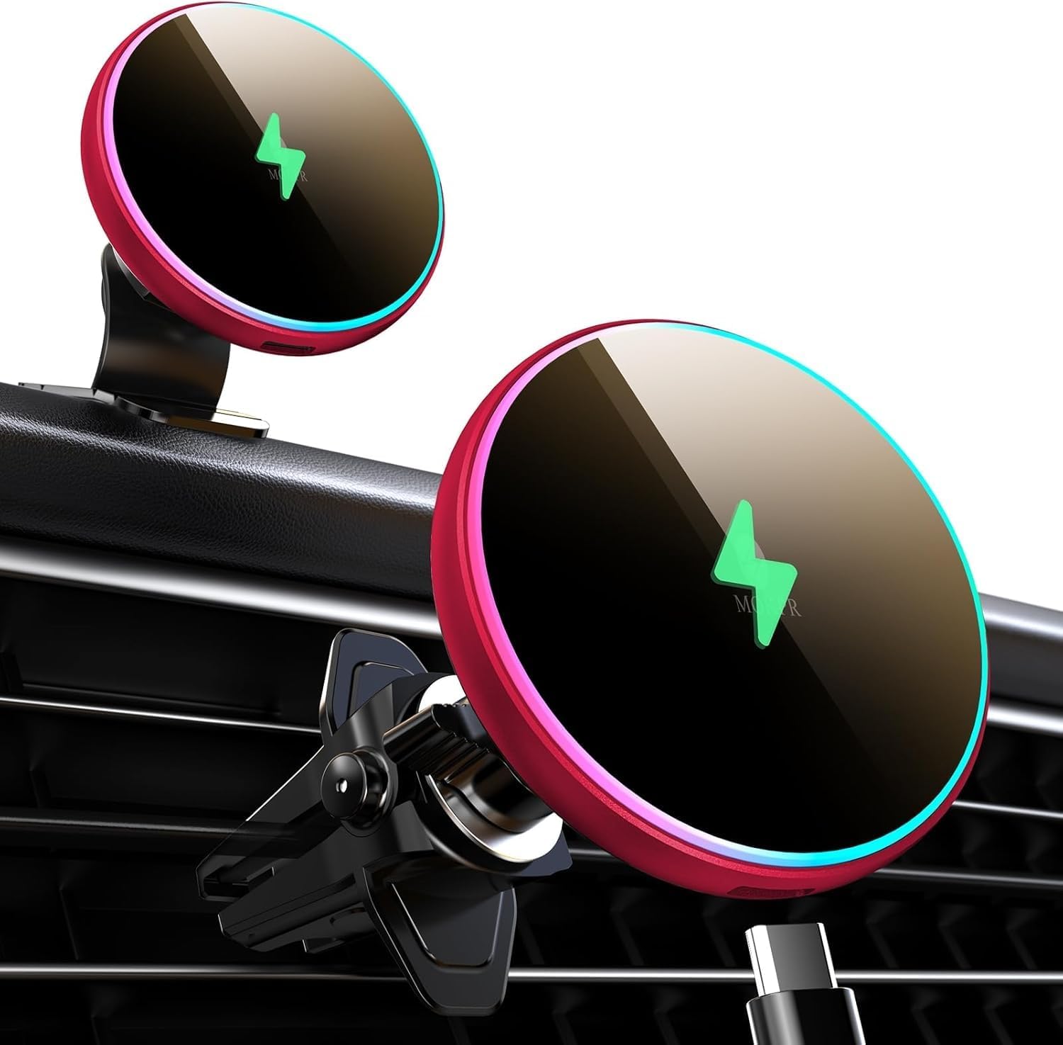 MOKPR for Magsafe Car Mount Charger-15W Wireless Car Charger-Magnetic Car Phone Holder for Dash Air Vent-LED RGB HandsFree Car Mount Fast Car Charger for iPhone 16 15/14/13/12 Series RED