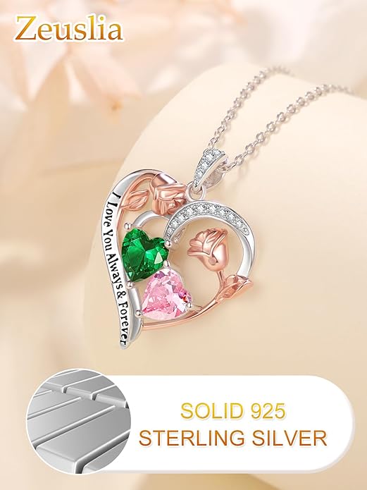 Valentine's Day Gifts for Wife 925 Sterling Silver Double Birthstone Pendant Necklaces I Love You for Always and Forever Necklace Anniversary Birthday Gifts for Wife Girlfriend Mom Her