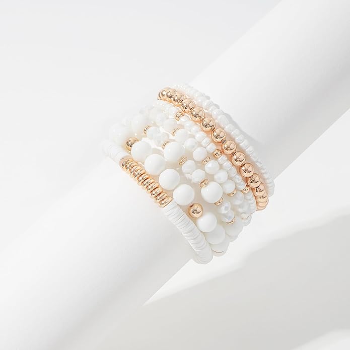 GOOJIDS Surfer Heishi Clay Bead Bracelets for Women Bohemian Stackable Gold Plated Beaded Stretch Bracelets Elastic Layering Friendship Bracelets Set Boho Jewelry