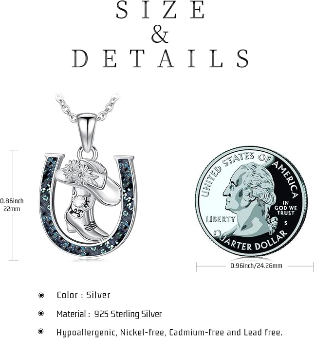 Western Cowboy Necklace 925 Sterling Silver Horseshoe Pendant Western Jewelry Cowgirl Gifts for Women Girlfriend Cowboy Cowgirl