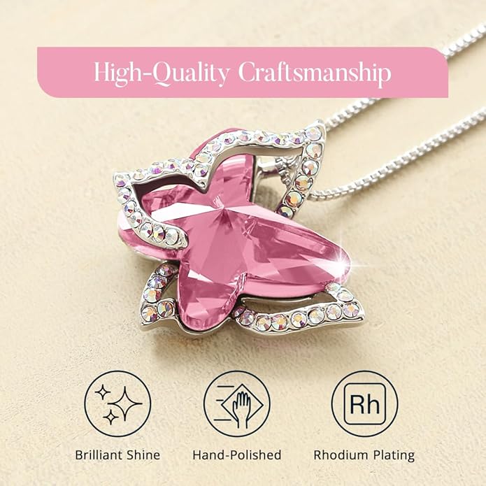 Valentine's Day Gift Butterfly Birthstone Crystal Necklace, Silver Tone with 18”+2” Chain, Necklace for Mother’s Day Anniversary Birthday Gifts for Women and Daughter