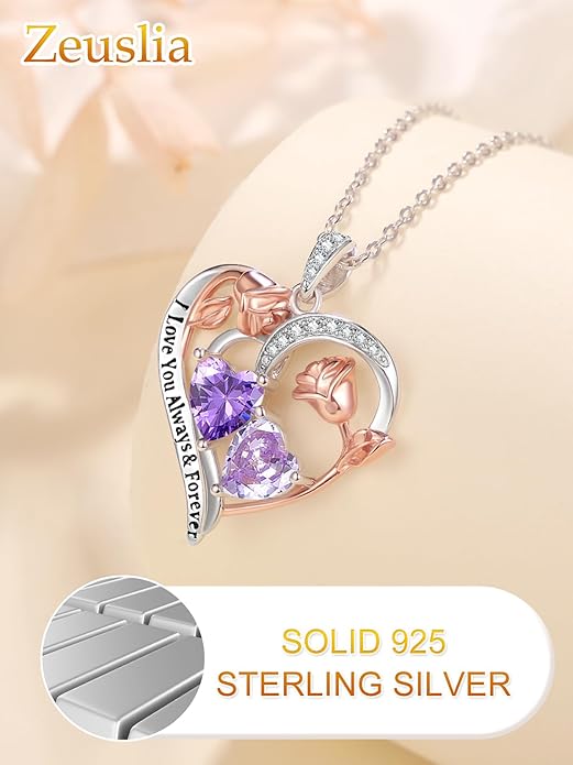 Valentine's Day Gifts for Wife 925 Sterling Silver Double Birthstone Pendant Necklaces I Love You for Always and Forever Necklace Anniversary Birthday Gifts for Wife Girlfriend Mom Her