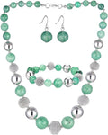 PEARL&CLUB Beaded Chunky Statement Necklace Earring and Bracelet Set Silver Metal Bead Fashion Jewelry Set Mothers’ Day Gifts for Women
