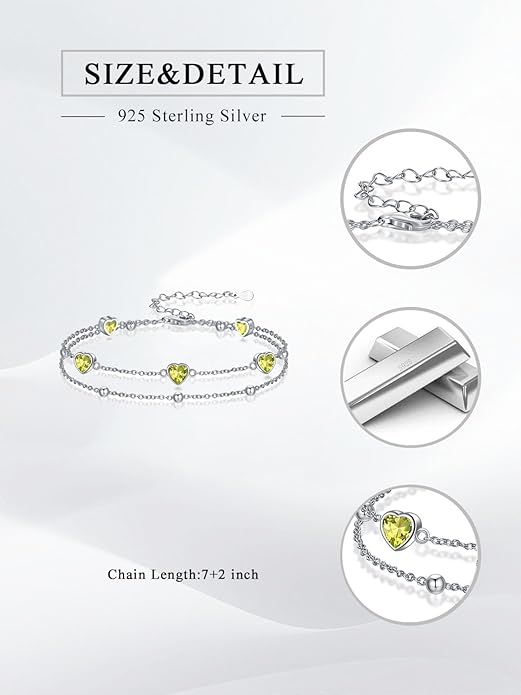 Birthstone Anklet/Bracelets for Women 925 Sterling Silver Charm Link Double Strand Heart Birthstone Jewelry Gift for Wife Women Mother's Day Gift