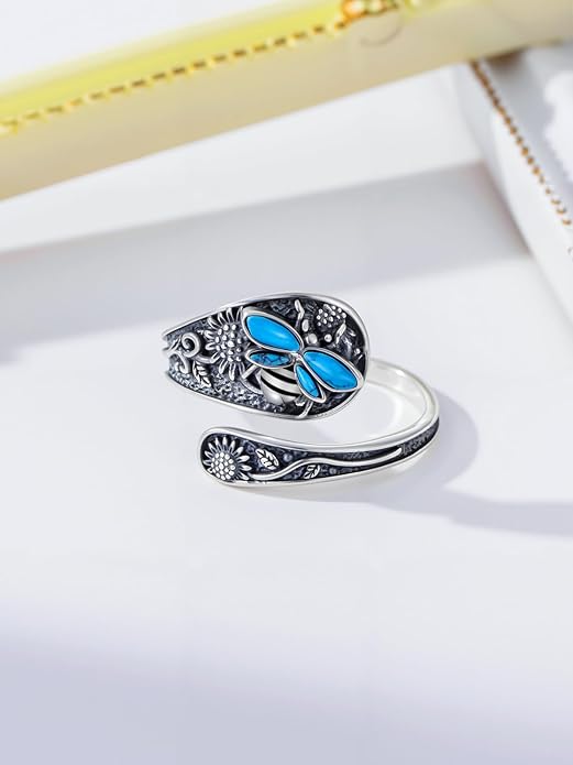 JKR Turquoise Spoon Rings for Women Sterling Silver Vintage Antique Thumb Ring Boho Jewelry Anniversary Birthday Gift for Wife Her Mom