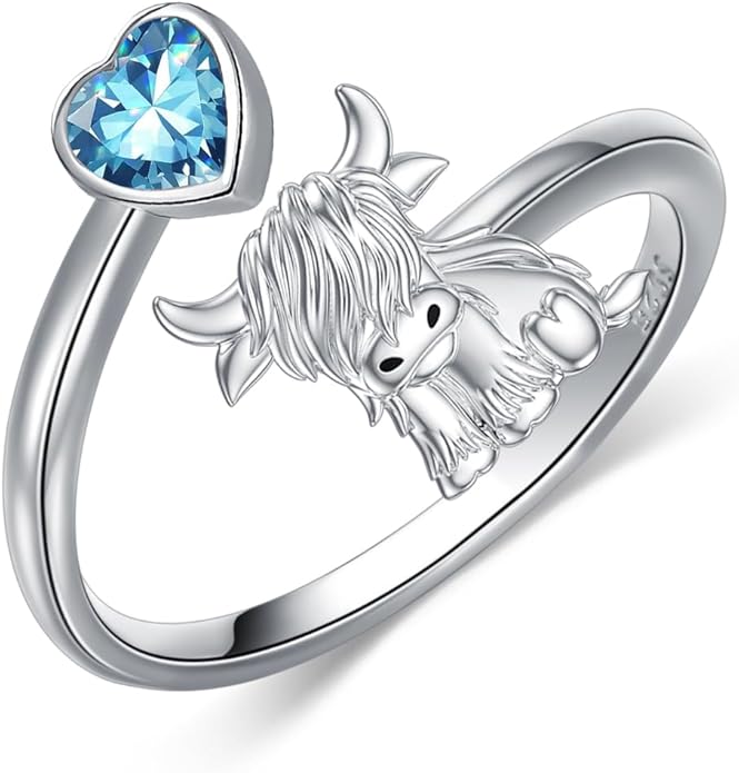 Highland Cow Ring 925 Sterling Silver Adjustable Ring Birthstone Ring Engraved Name Highland Cow Gifts Jewelry for Women