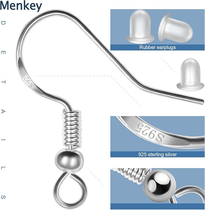 MENKEY 925 Sterling Mixed Earring Hooks 120 PCS/60 Pairs, Ear Wires Fish Hooksfor DIY Jewelry Making, Hypo-allergenic Jewelry Findings Parts with 120 PCS Clear Silicone Earring Backs Stoppers